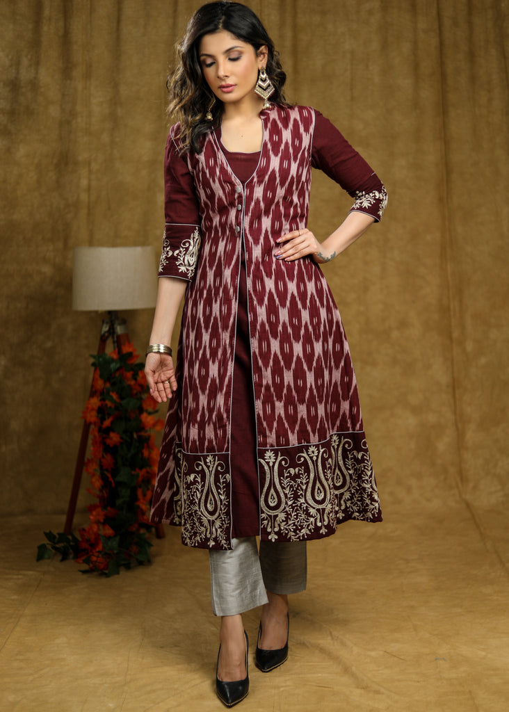 Cotton Embroidered Wine Kurta with Matching Pant - Embroidered Ikat Jacket Optional