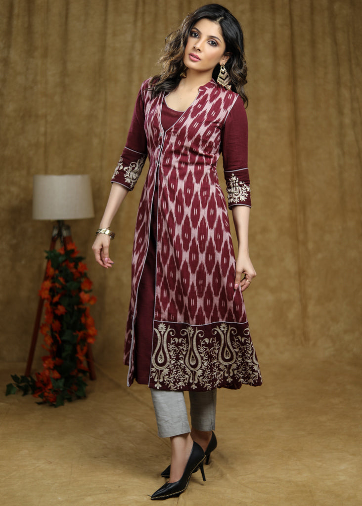 Cotton Embroidered Wine Kurta with Matching Pant - Embroidered Ikat Jacket Optional