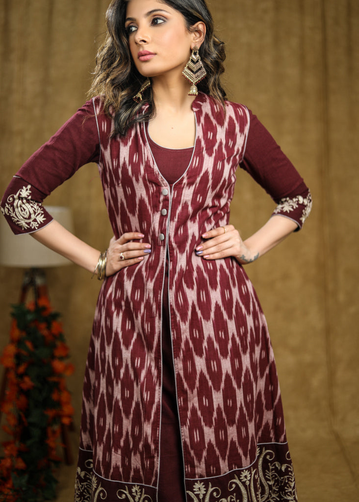 Cotton Embroidered Wine Kurta with Matching Pant - Embroidered Ikat Jacket Optional