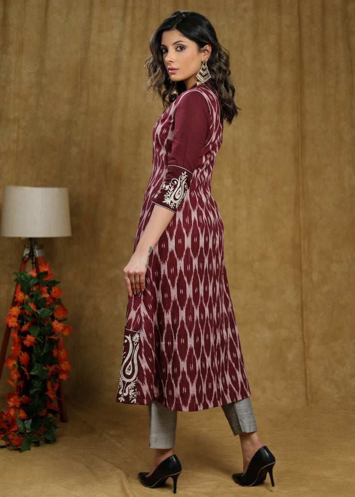 Cotton Embroidered Wine Kurta with Matching Pant - Embroidered Ikat Jacket Optional
