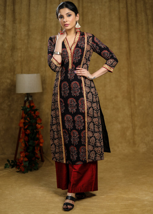 Striking Black Cotton Ajrakh mix prints kurta panel cut with beautiful zari work