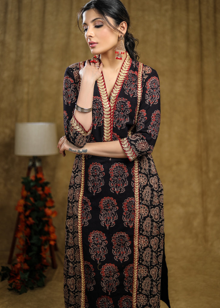 Striking Black Cotton Ajrakh mix prints kurta panel cut with beautiful zari work