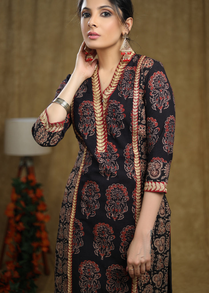 Striking Black Cotton Ajrakh mix prints kurta panel cut with beautiful zari work