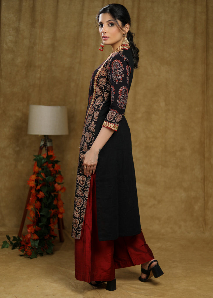 Striking Black Cotton Ajrakh mix prints kurta panel cut with beautiful zari work