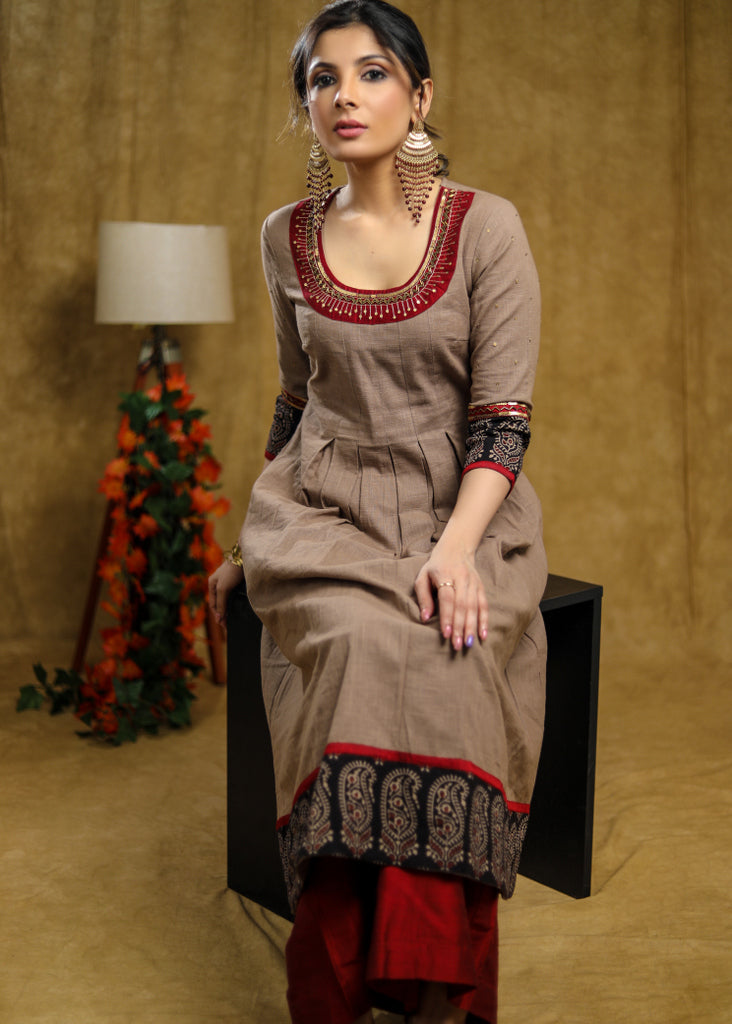 Pleated cotton Ajrakh Combination kurta with beautiful hand embroidery on neckline & sleeves