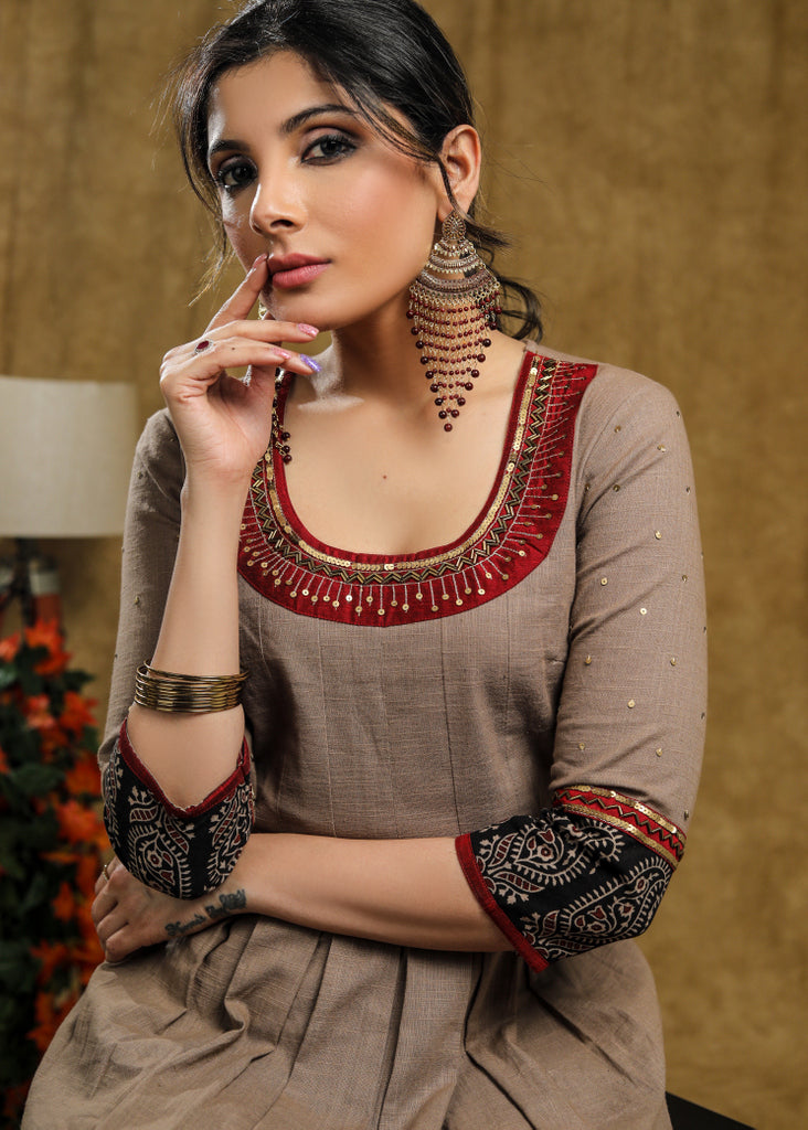 Pleated cotton Ajrakh Combination kurta with beautiful hand embroidery on neckline & sleeves