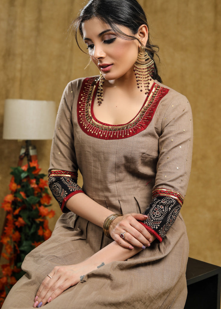 Pleated cotton Ajrakh Combination kurta with beautiful hand embroidery on neckline & sleeves