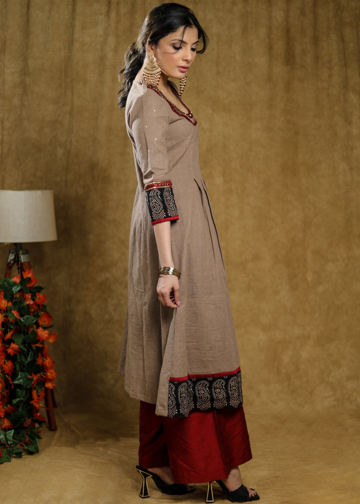 Pleated cotton Ajrakh Combination kurta with beautiful hand embroidery on neckline & sleeves