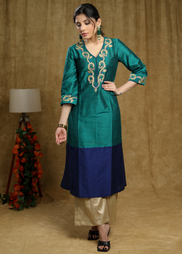 Exotic Turquoise green & Royal blue colour-blocked Cotton silk kurta with zari work on neckline