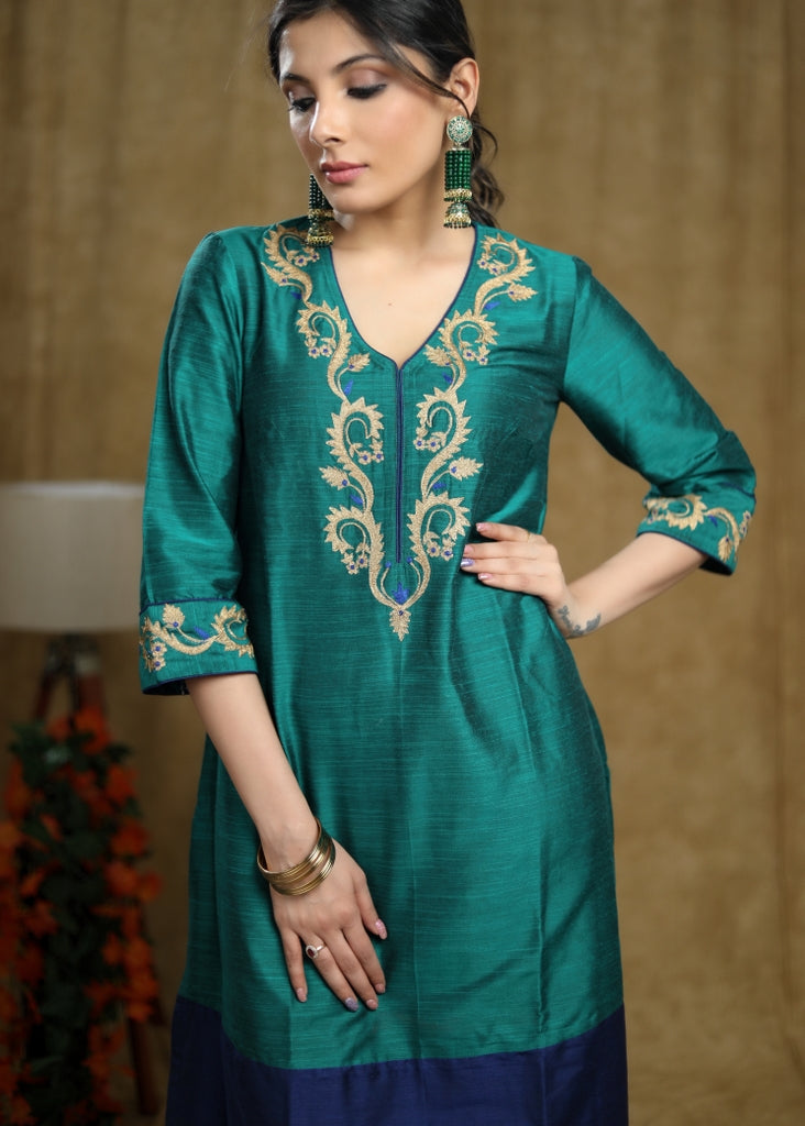 Exotic Turquoise green & Royal blue colour-blocked Cotton silk kurta with zari work on neckline