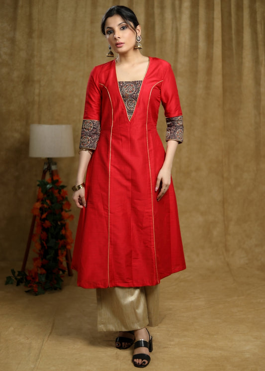 Trendy Red Cotton silk princess cut kurta with Ajrakh Detaling