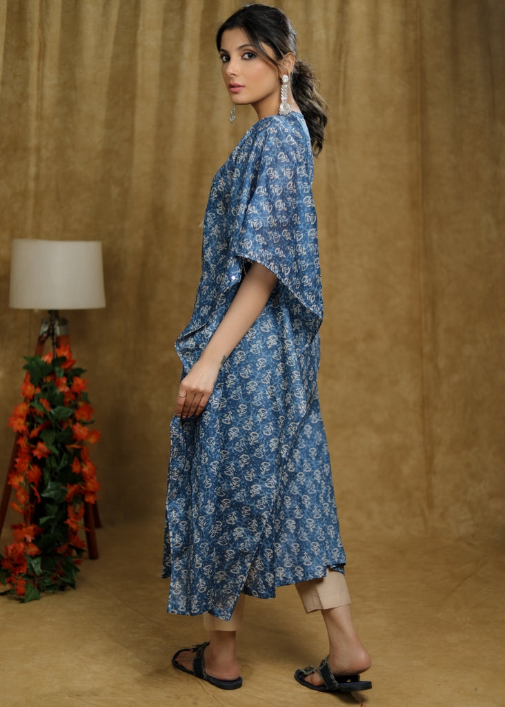 Trendy Cotton Indigo printed kaftan kurta with mirror Handwork.
