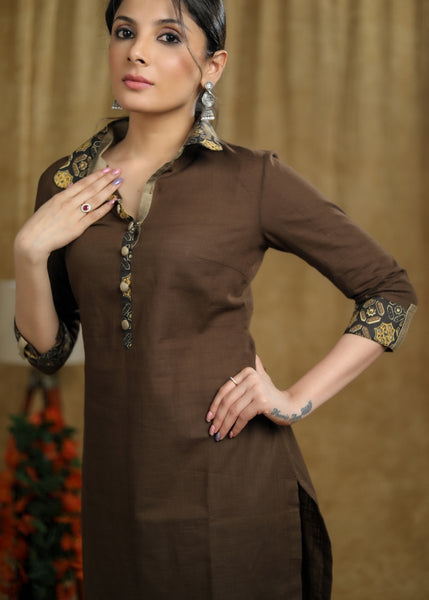 Summer Wear Brown cotton Short kurta & pant co-ord set with ajrakh detaling - Pant Optional