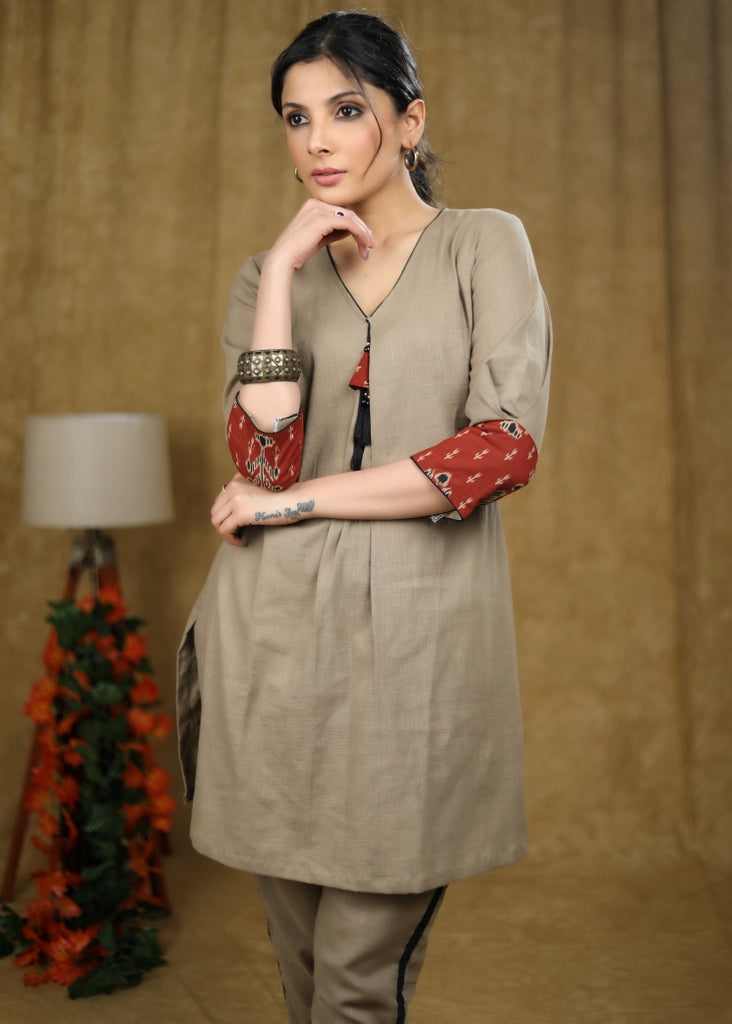 Trendy Beige cotton short kurta & pant co-ord set with contrast detaling - Pant Optional