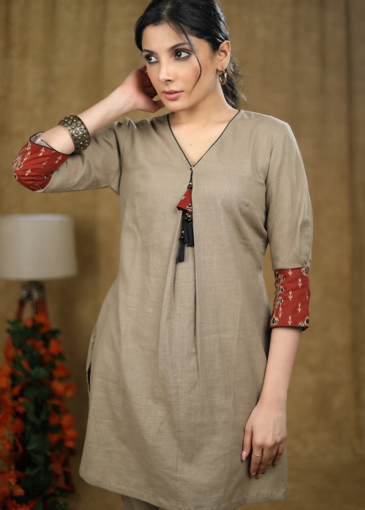 Trendy Beige cotton short kurta & pant co-ord set with contrast detaling - Pant Optional