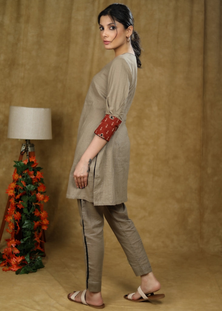 Trendy Beige cotton short kurta & pant co-ord set with contrast detaling - Pant Optional