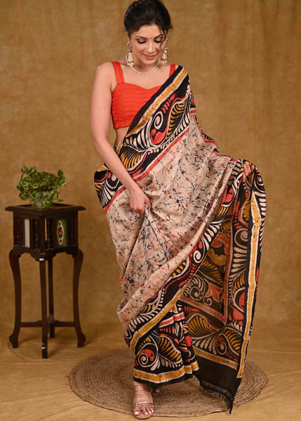 Elegant Beige Pure Silk Batik Saree