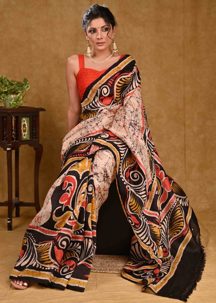 Elegant Beige Pure Silk Batik Saree