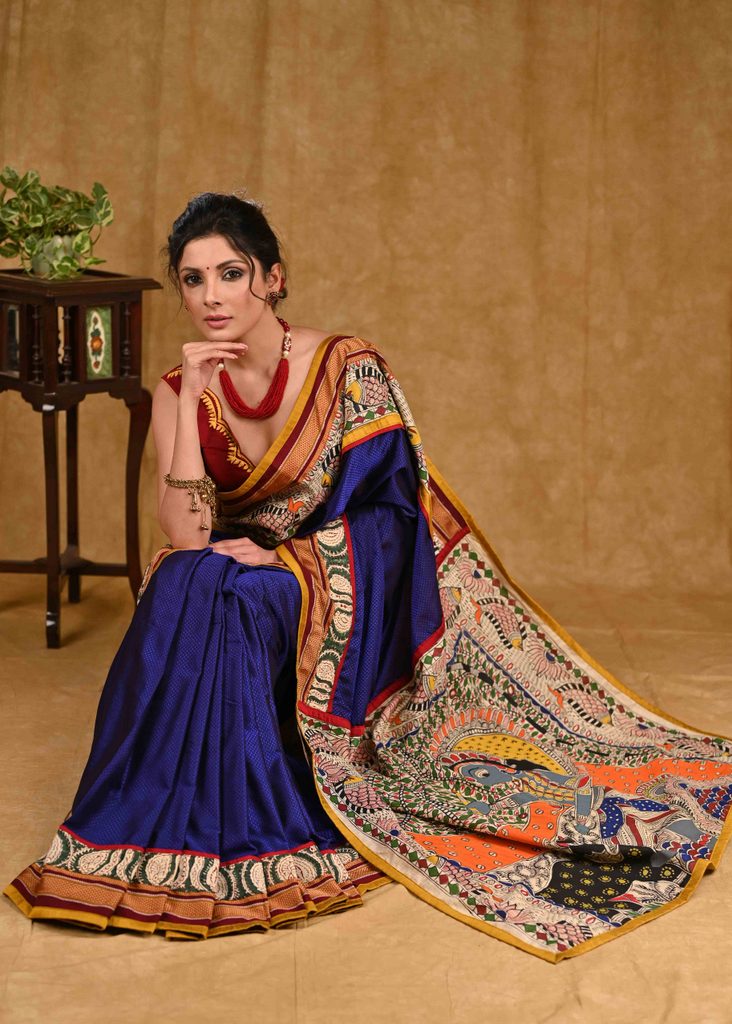 Stunning Blue Khun Saree with Madhubani Painting