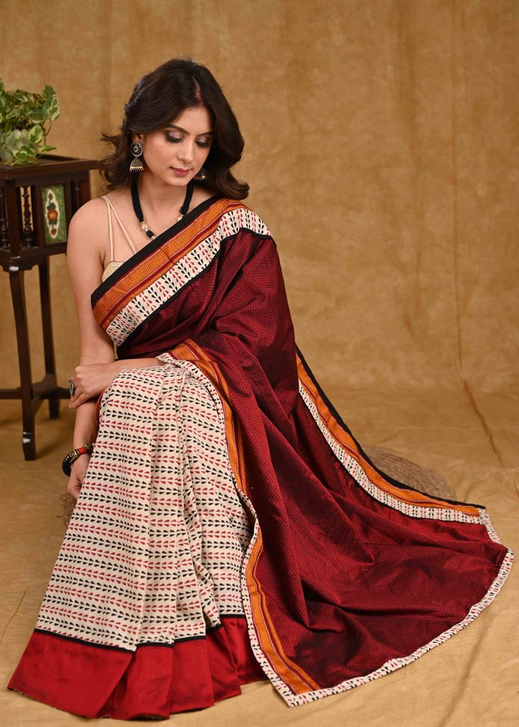 Classy Maroon Khun Pallu Saree with Cream Ajrakh Pleats