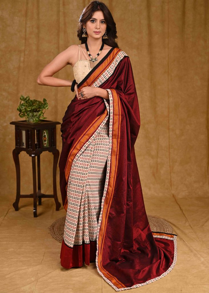 Classy Maroon Khun Pallu Saree with Cream Ajrakh Pleats