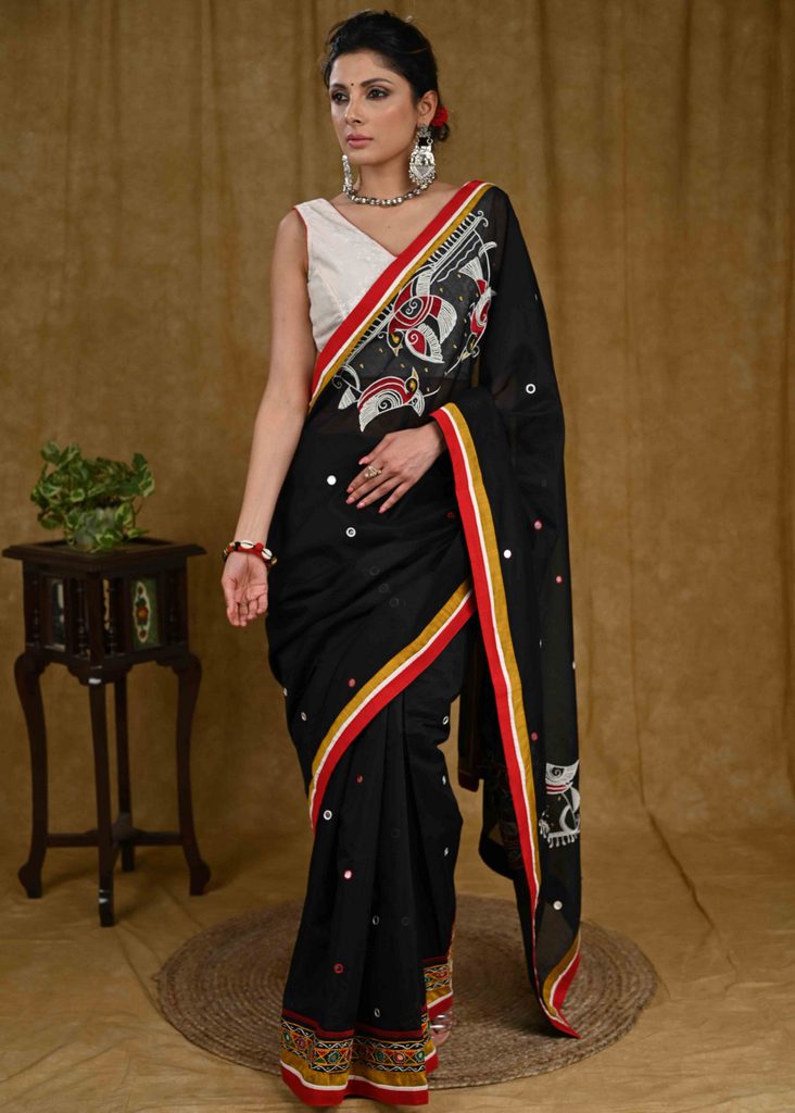 Black Designer Chanderi Saree with Intricate handwork and combination of Mirror work & Red Cotton Silk Border