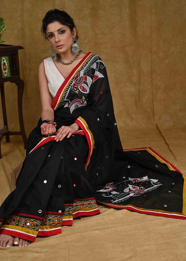 Black Designer Chanderi Saree with Intricate handwork and combination of Mirror work & Red Cotton Silk Border