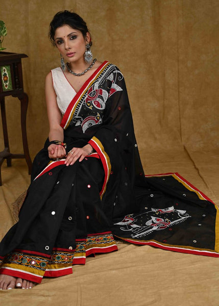 Black Designer Chanderi Saree with Intricate handwork and combination of Mirror work & Red Cotton Silk Border