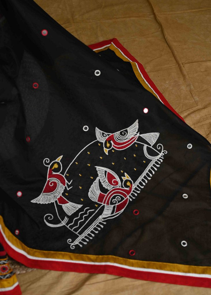 Black Designer Chanderi Saree with Intricate handwork and combination of Mirror work & Red Cotton Silk Border
