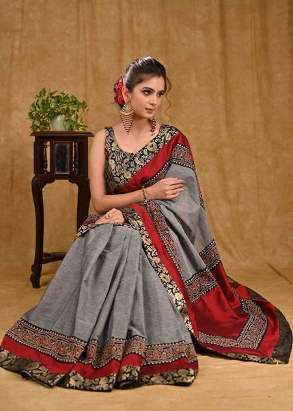 Exclusive Grey Cotton Saree with Marron Cotton Silk and Benarasi Combination Border