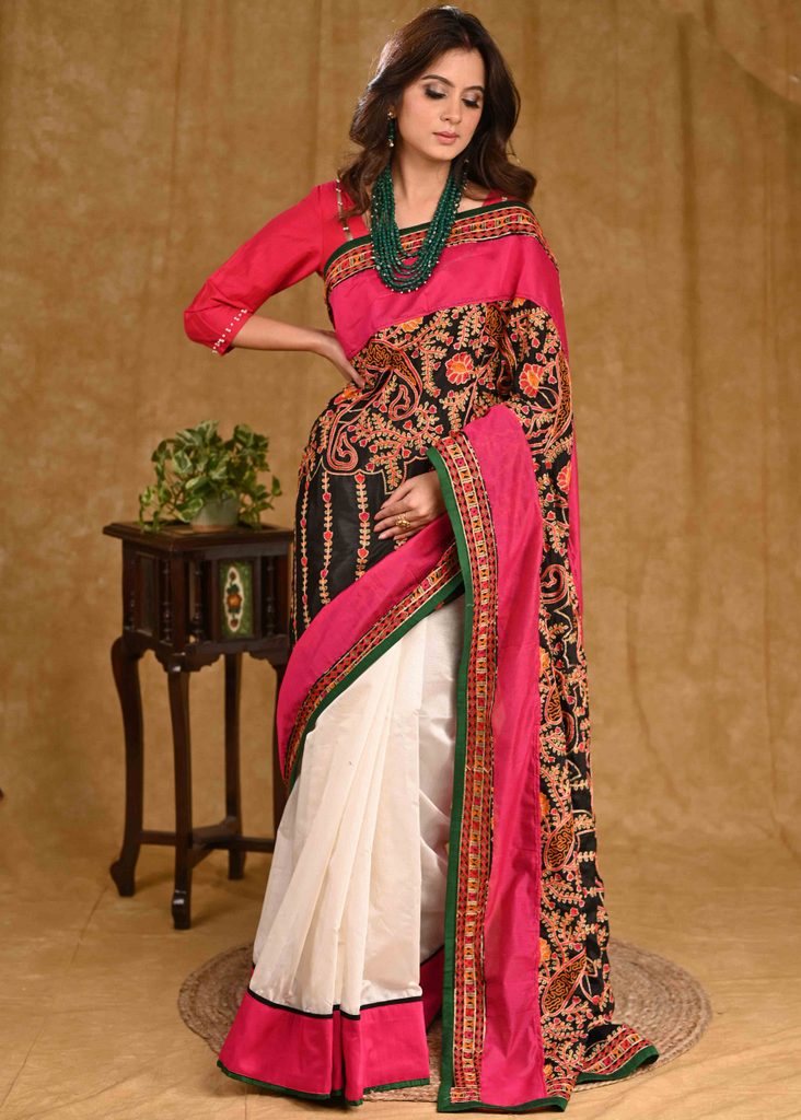 Stunning Off-White Chanderi Saree with Heavy Embroidery Pallu and Pink Border