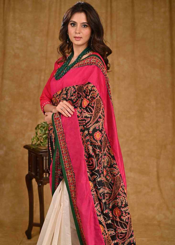 Stunning Off-White Chanderi Saree with Heavy Embroidery Pallu and Pink Border