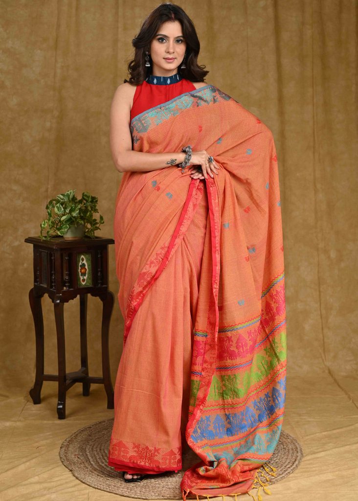 Classy Orange Cotton Jamdani Saree