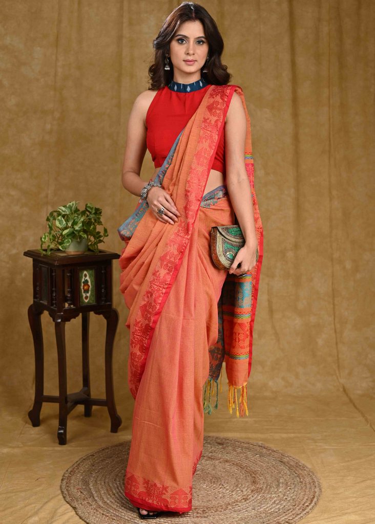 Classy Orange Cotton Jamdani Saree