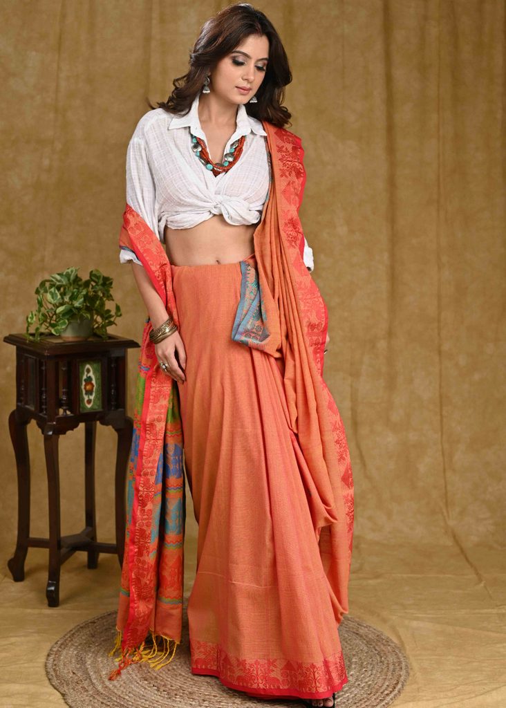 Classy Orange Cotton Jamdani Saree