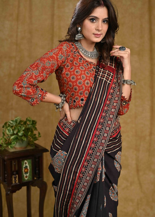 Elegant Natural Color Block Printed Black Ajrakh Saree