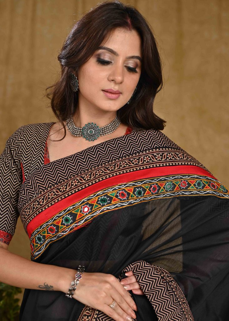 Gorgeous Black Chanderi Saree with Mirrorwork Combination Black Ajrakh Border and Maroon Cotton Silk Pallu