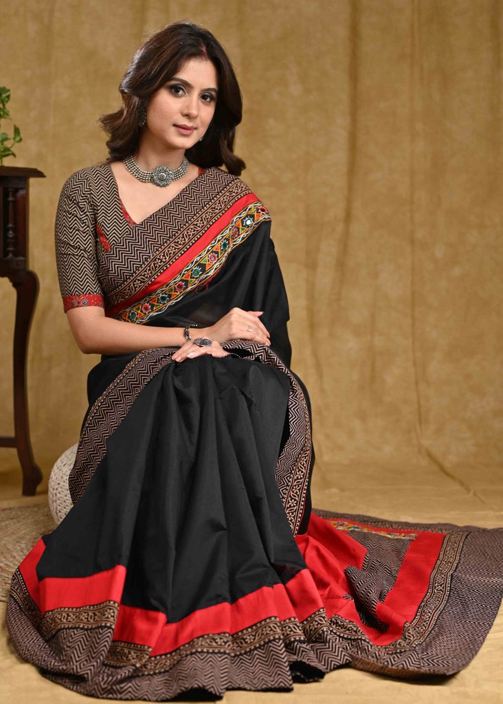Gorgeous Black Chanderi Saree with Mirrorwork Combination Black Ajrakh Border and Maroon Cotton Silk Pallu