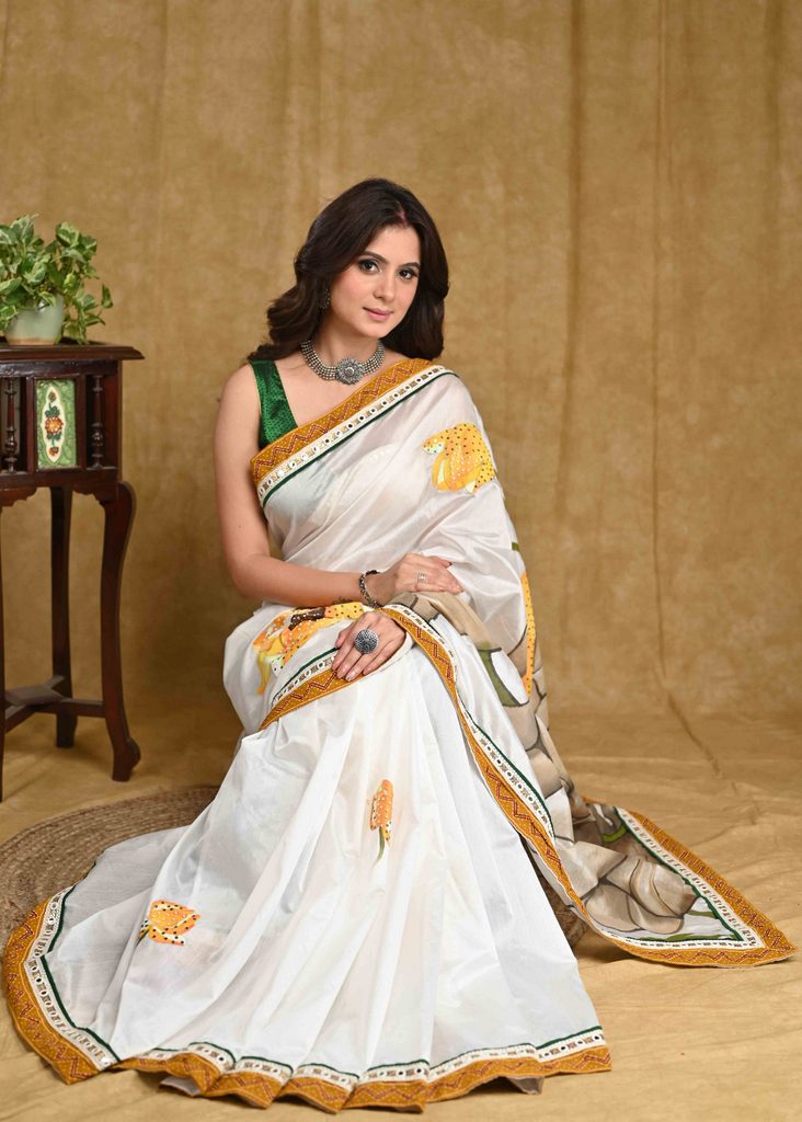 Floral Hand Painted White Chanderi Saree With Moti Work And Ajrakh Border