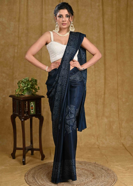 Royal Blue Ajrakh Print Modal Saree