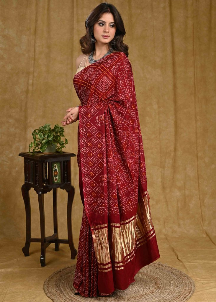 Beautiful Maroon Ajrakh Print Modal Saree