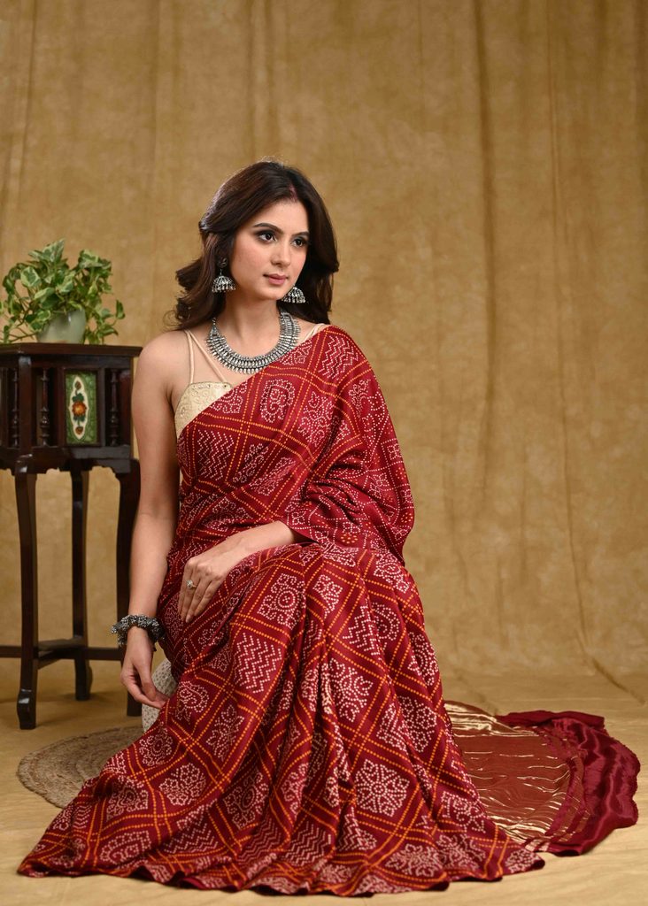 Beautiful Maroon Ajrakh Print Modal Saree