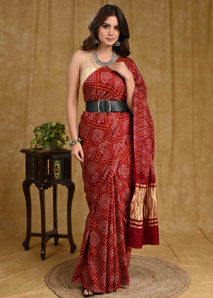 Beautiful Maroon Ajrakh Print Modal Saree