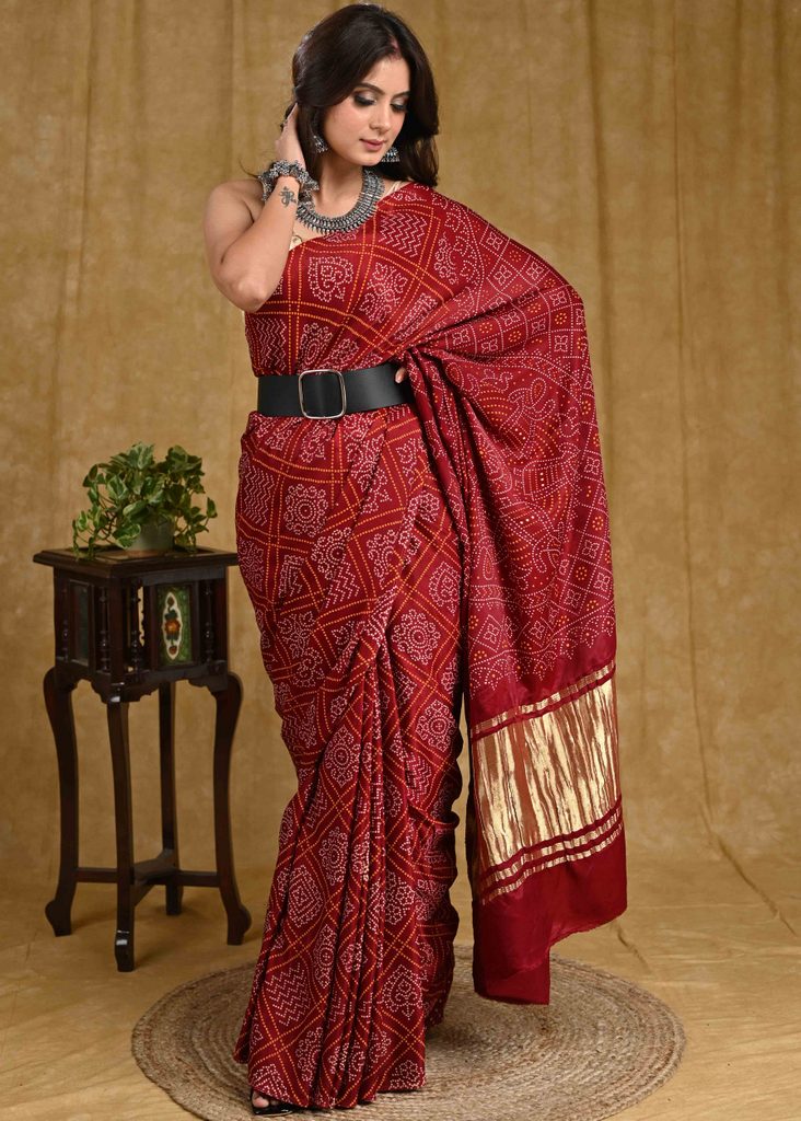 Beautiful Maroon Ajrakh Print Modal Saree