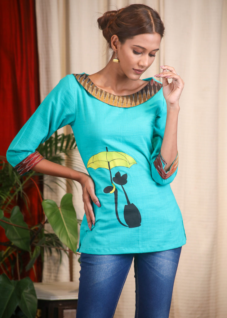 Hand Painted Aqua Blue Ikkat Collared Top