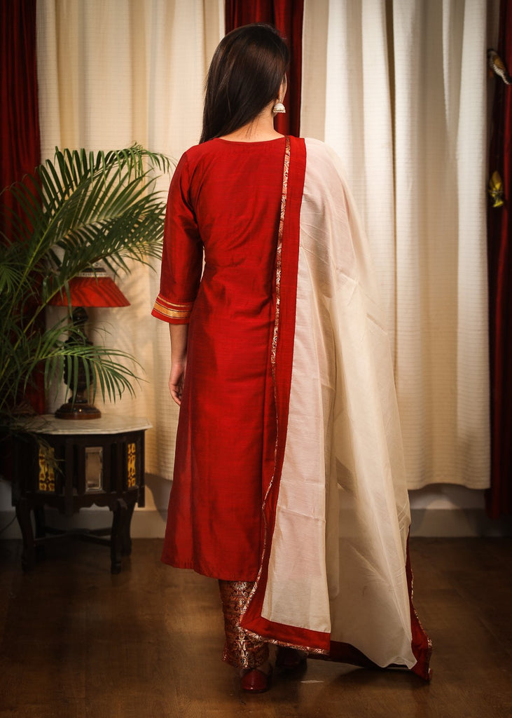 Straight Cut Maroon Cotton Silk Zardozi Hand Work Kurta, Banarasi Pant and Chanderi Dupatta