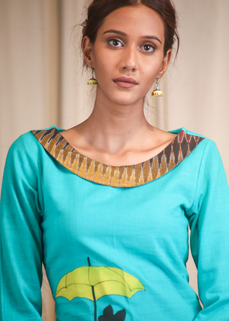 Hand Painted Aqua Blue Ikkat Collared Top