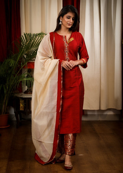 Straight Cut Maroon Cotton Silk Zardozi Hand Work Kurta, Banarasi Pant and Chanderi Dupatta