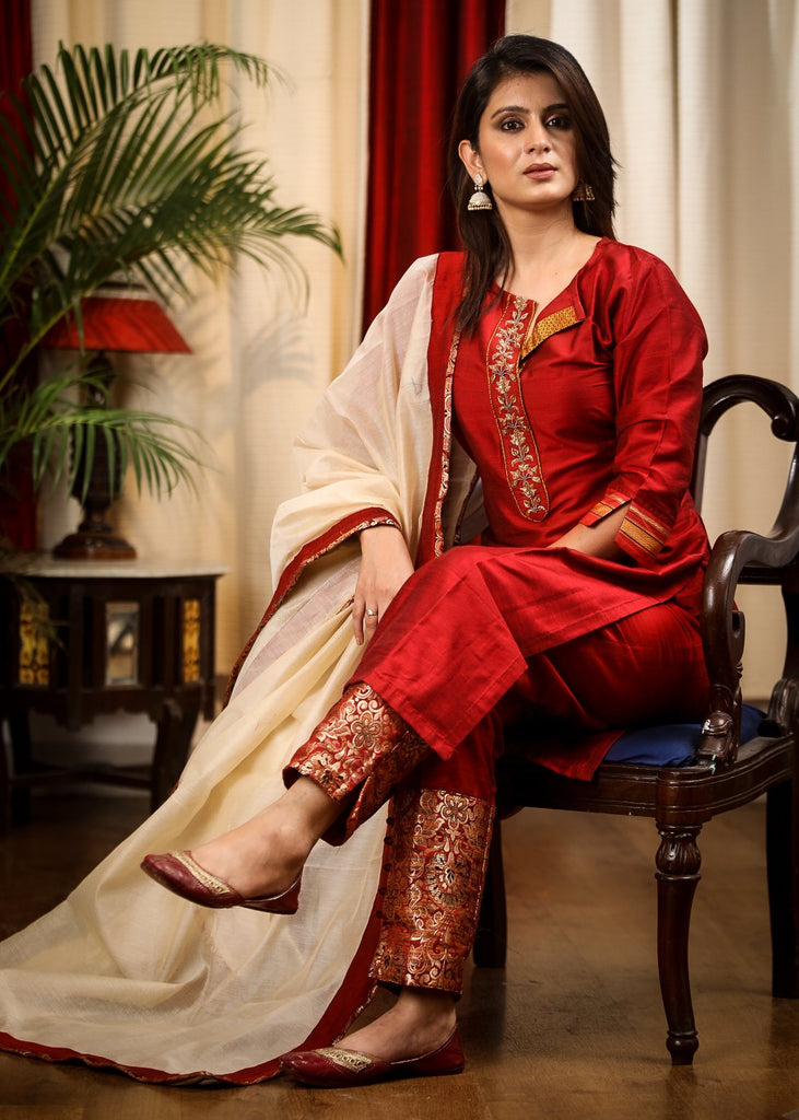 Straight Cut Maroon Cotton Silk Zardozi Hand Work Kurta, Banarasi Pant and Chanderi Dupatta
