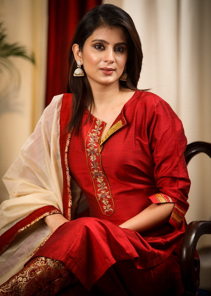 Straight Cut Maroon Cotton Silk Zardozi Hand Work Kurta, Banarasi Pant and Chanderi Dupatta